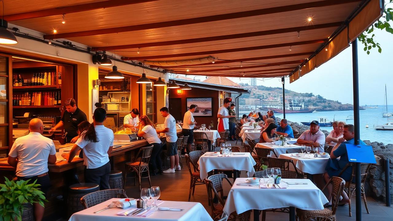 Terraza de restaurante en Llanes con trabajadores atendiendo a turistas